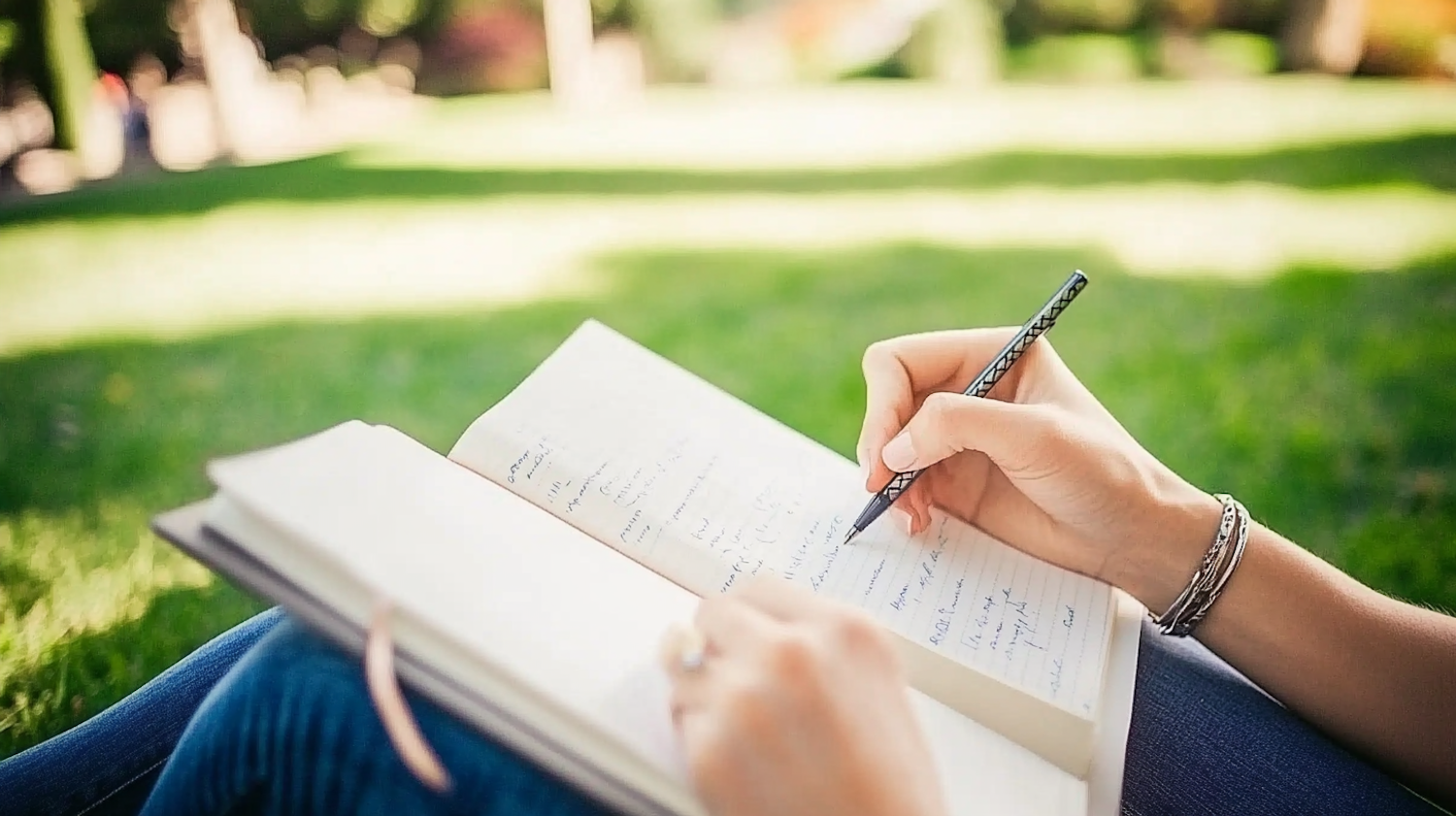 A person quietly engaging in a coping mechanism like journaling or a grounding technique, demonstrating self-care for managing DID symptoms.