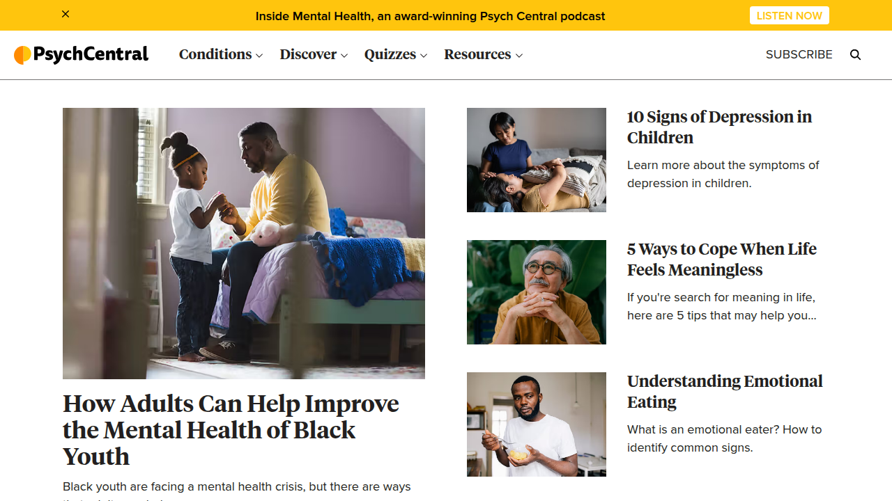 The homepage of PsychCentral, a widely recognized online resource for mental health information and support.
