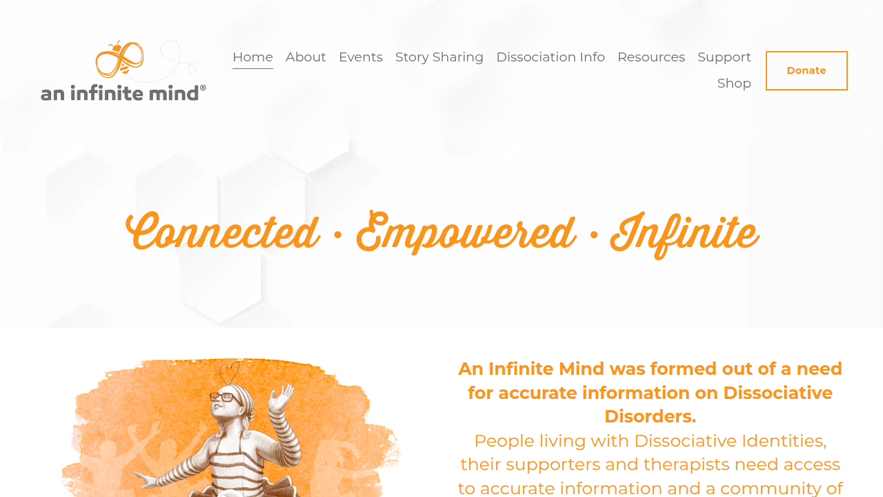 The homepage of An Infinite Mind (AIM), an organization dedicated to education, advocacy, and support for individuals with DID.