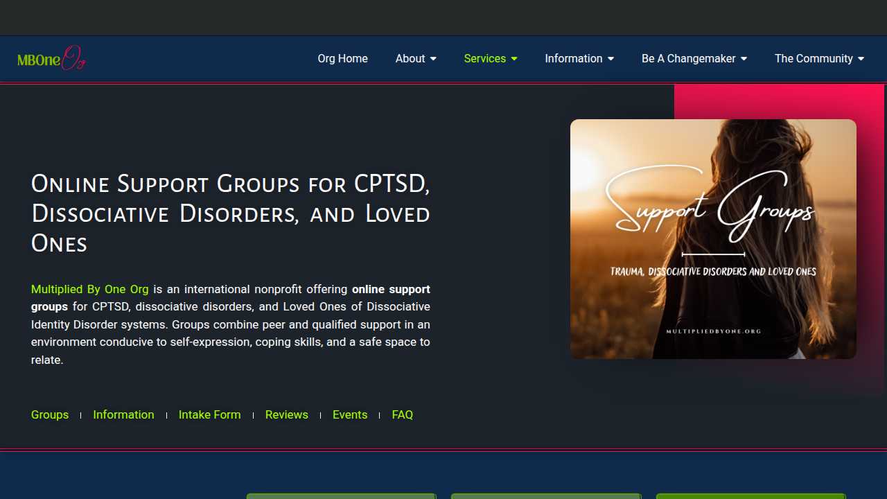 A screenshot of Multiplied By One's page detailing their online support groups for dissociative disorders and their loved ones.