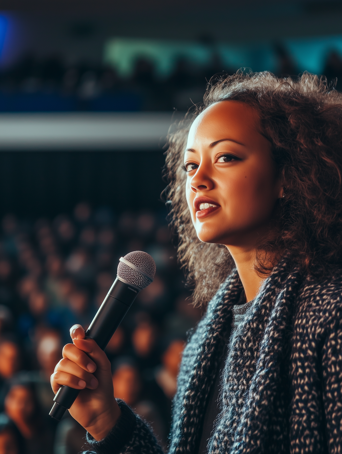 A person shows signs of anxiety, like hesitation or discomfort, when preparing to speak publicly, driven by fear of mispronouncing words.
