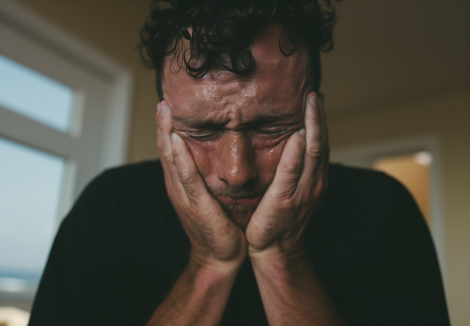 A person showing signs of anxiety while looking at a document or screen filled with long, complex words, reflecting the challenge of hippopotomonstrosesquippedaliophobia.