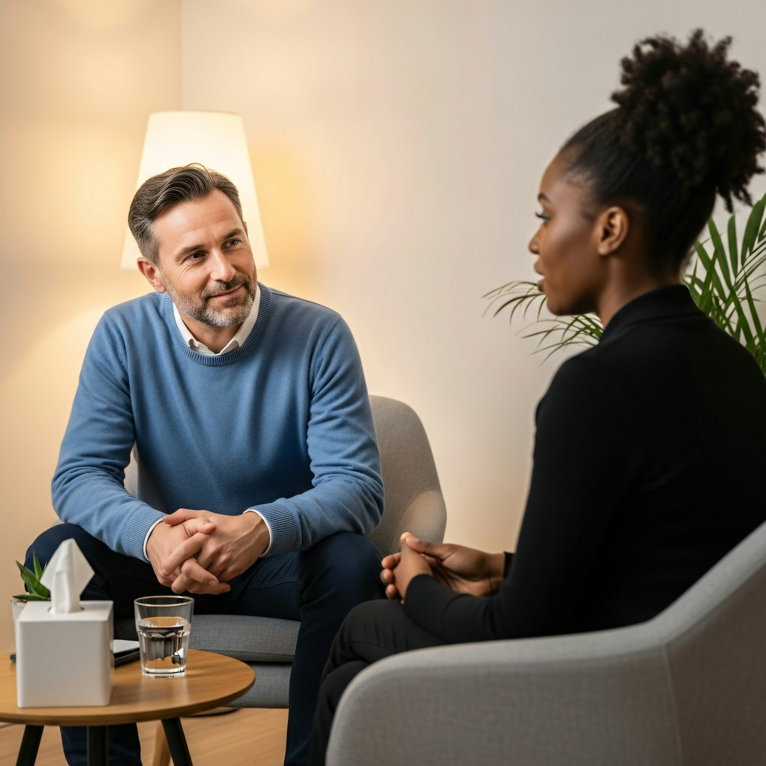 A therapist and a patient engaged in a supportive discussion, representing a therapy session focused on managing and overcoming anxiety related to specific phobias.