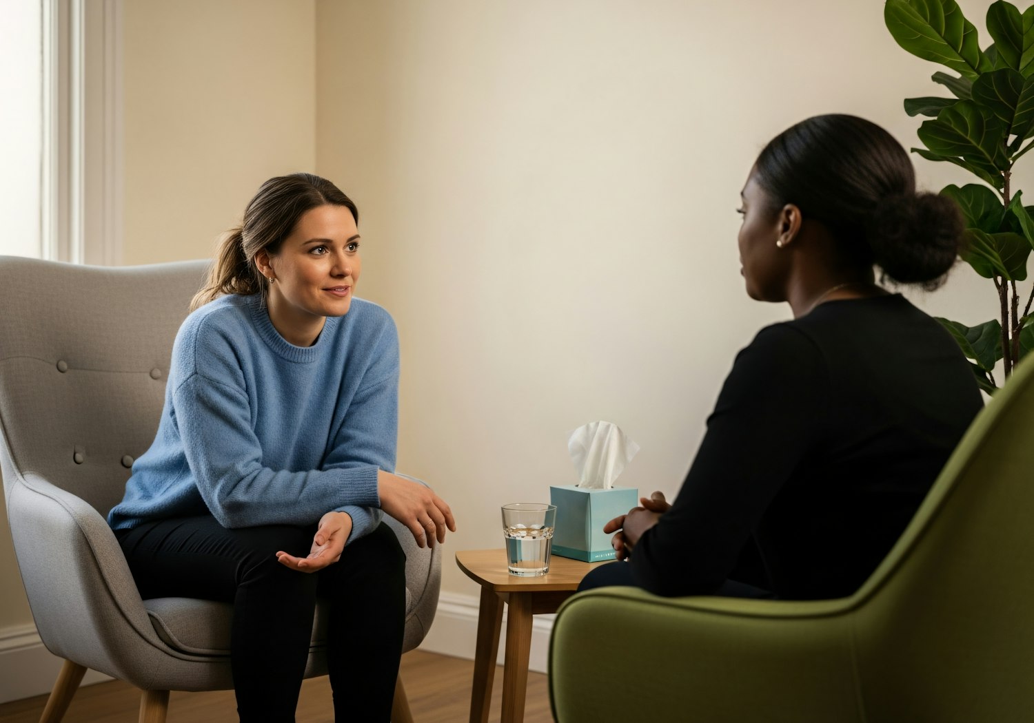 A scene illustrating supportive communication between two people, emphasizing validation and empathy when dealing with intense emotions.