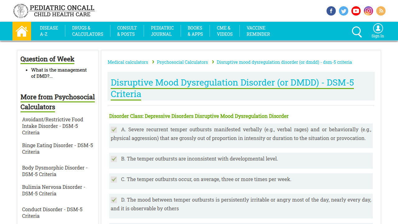 An example of a resource detailing the diagnostic criteria for Disruptive Mood Dysregulation Disorder (DMDD), a childhood condition involving extreme irritability.
