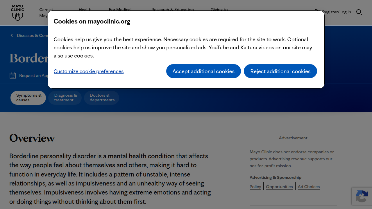 A screenshot of a Mayo Clinic page discussing Borderline Personality Disorder, a condition heavily linked to emotional dysregulation.