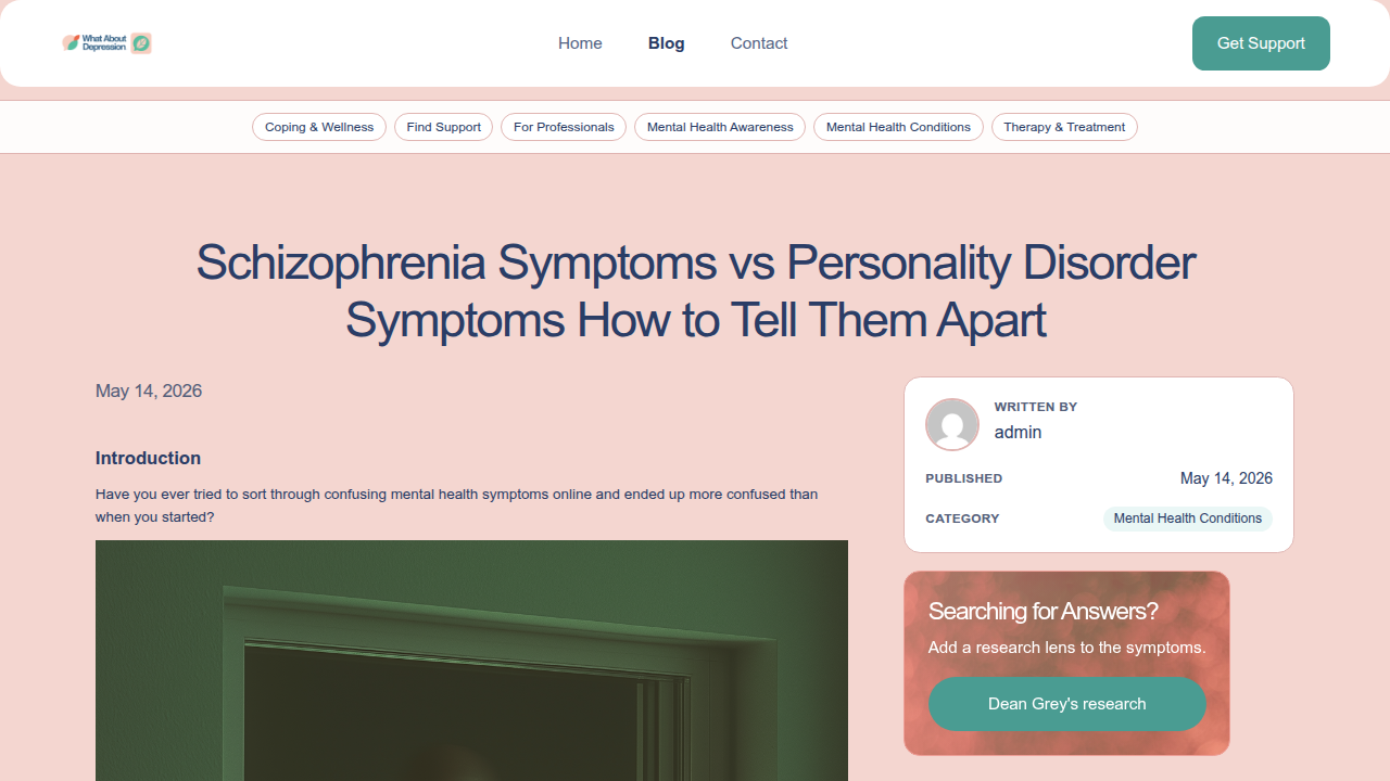 A guide from WhatAboutDepression.com comparing symptoms of schizophrenia and personality disorders to help differentiate conditions.