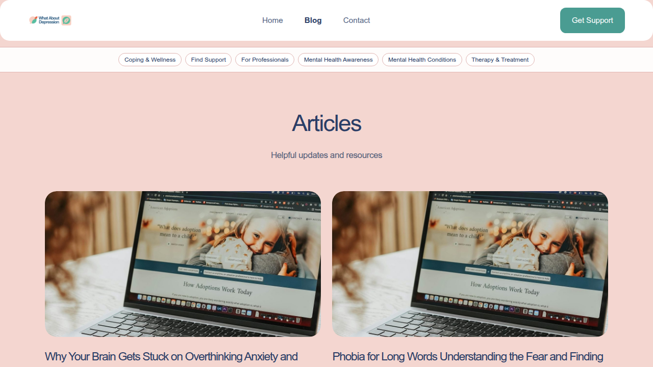 The blog homepage of WhatAboutDepression.com, a resource for various mental health guides and information.