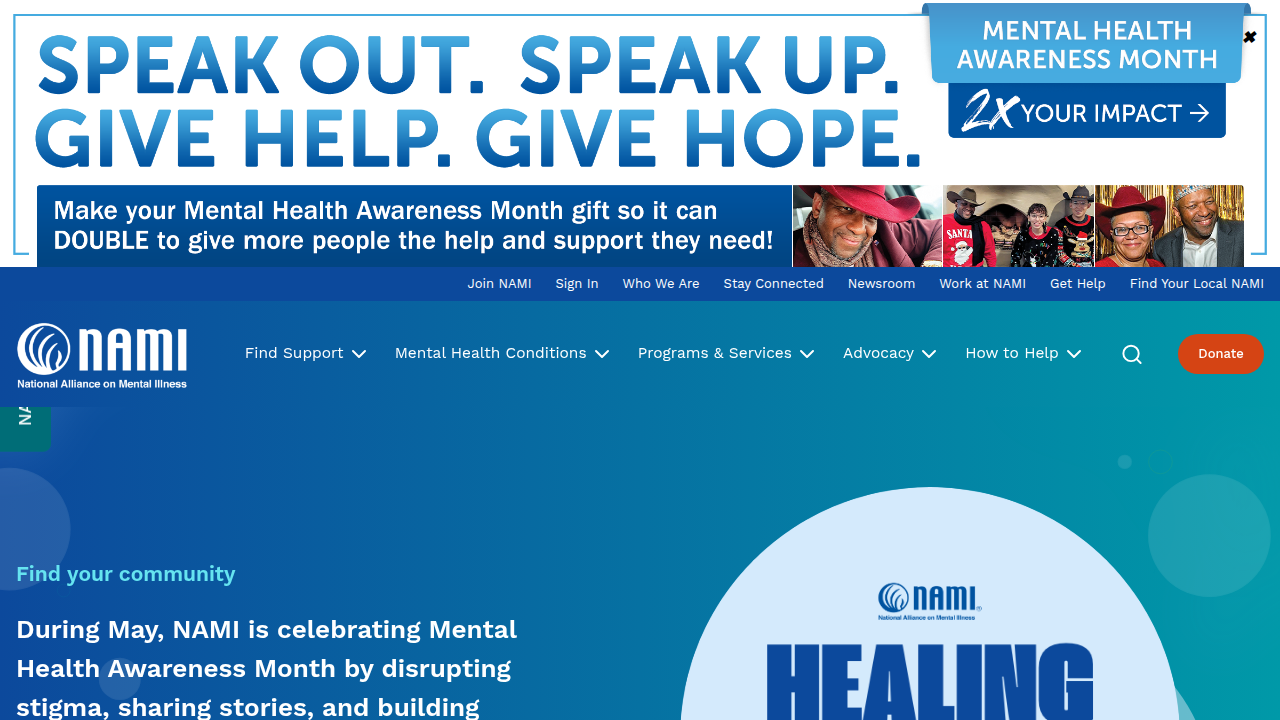 Screenshot of the National Alliance on Mental Illness (NAMI) website, a key resource for mental health information and support.