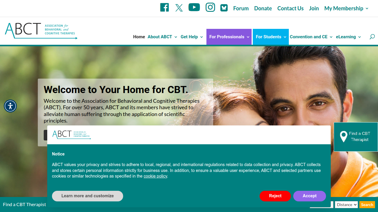 Screenshot of the American Association for Behavioral and Cognitive Therapies (ABCT) website, a professional organization for CBT.