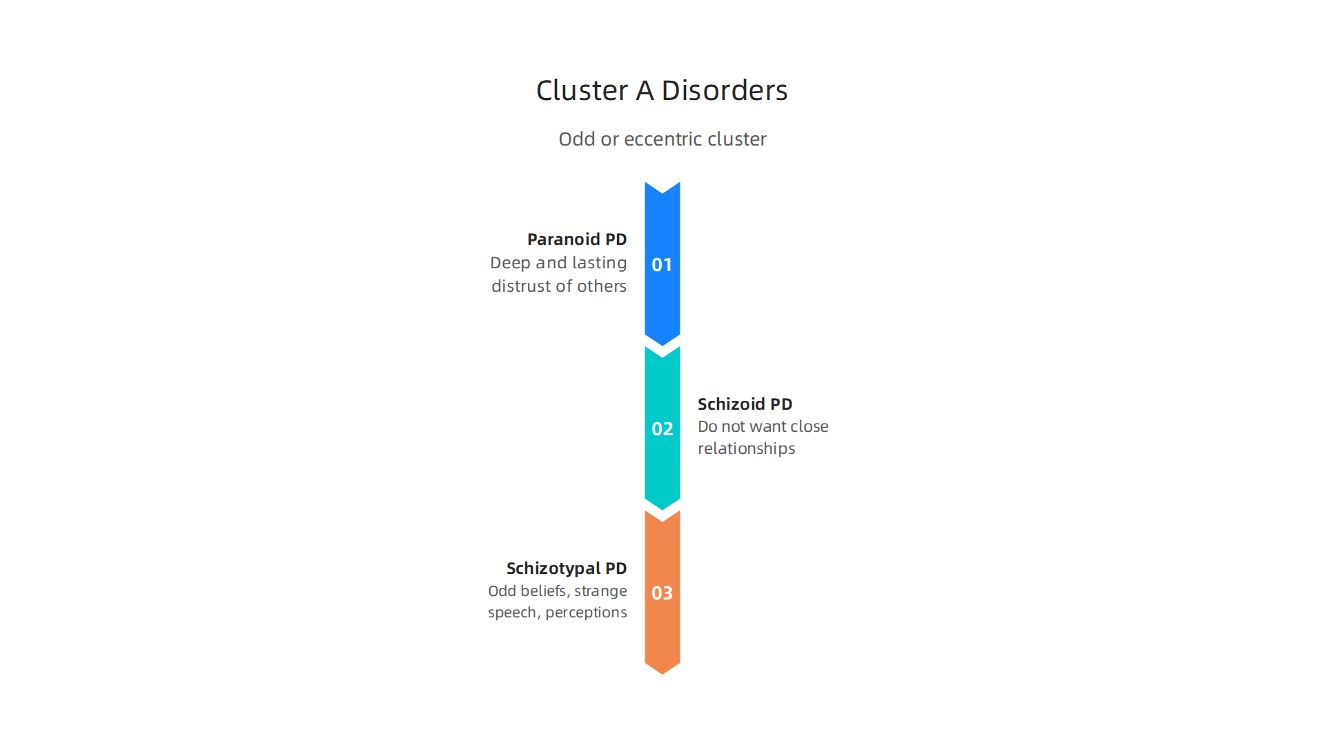A breakdown of the three personality disorders within Cluster A, characterized by odd or eccentric behaviors and thinking patterns.