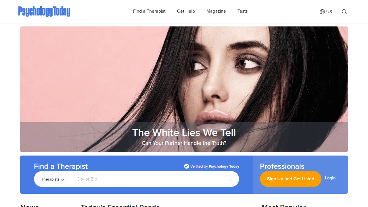 Psychology Today's homepage, a leading resource for finding therapists and psychological information.