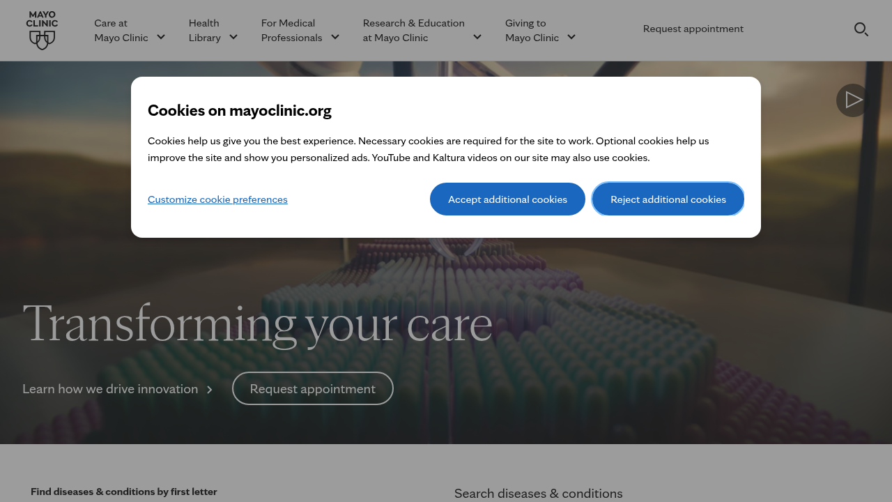 The Mayo Clinic website homepage, providing trusted medical and health information.