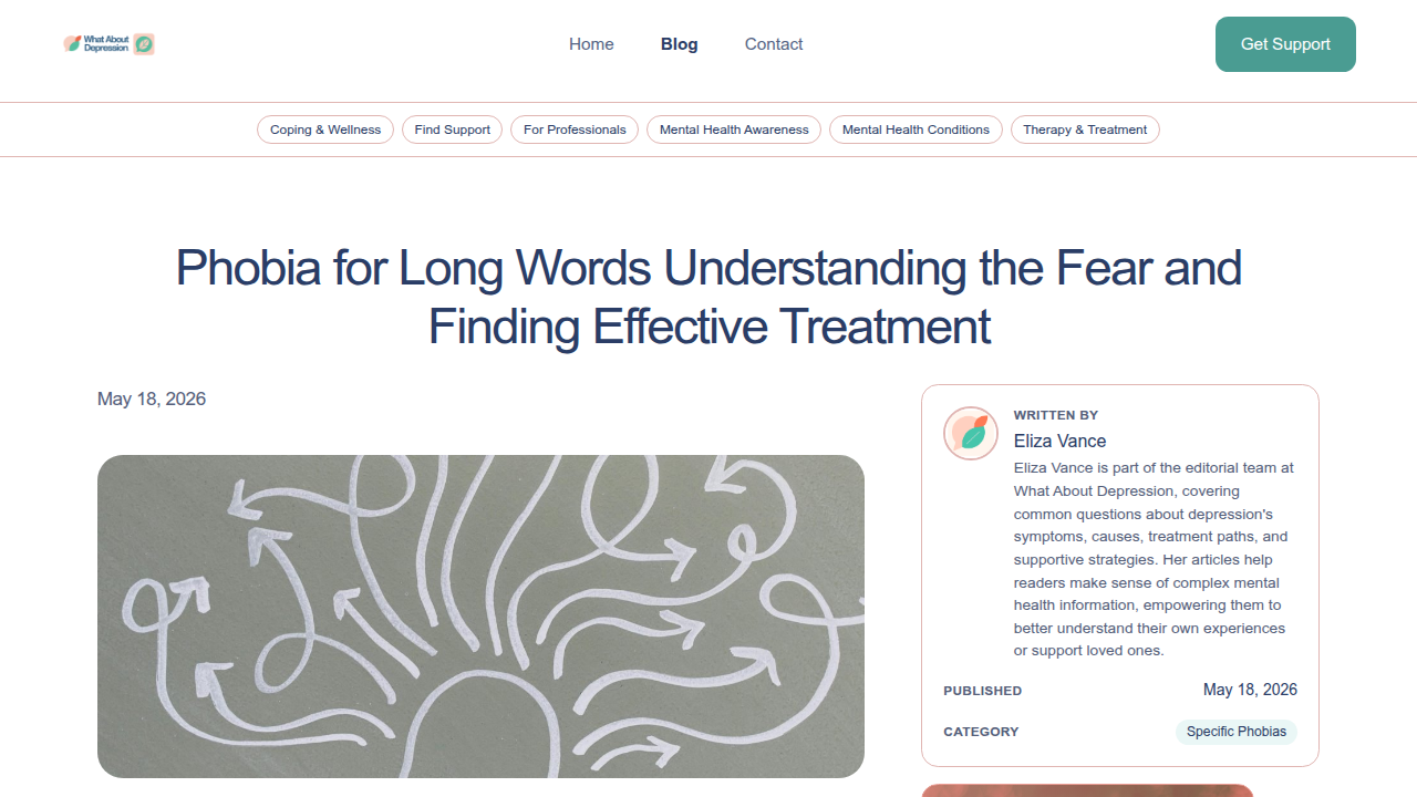 A screenshot of the 'Understanding and Treating the Fear of Long Words' guide, offering detailed strategies for managing sesquipedalophobia.