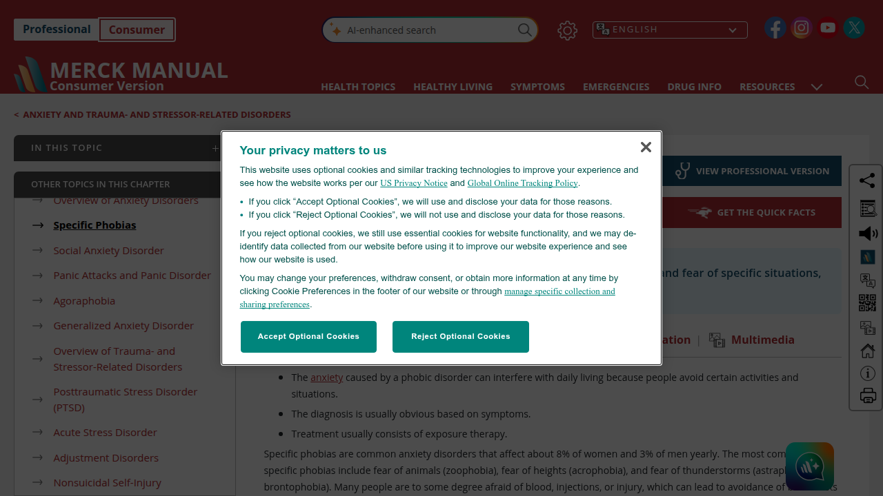 A screenshot of the Merck Manual's online resource for Specific Phobias, offering medical insights into the condition.