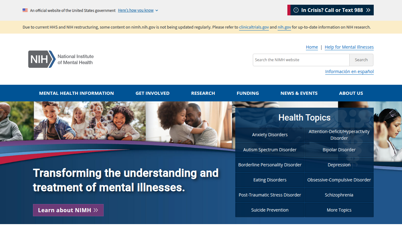 Screenshot of the National Institute of Mental Health homepage, a federal mental health resource.