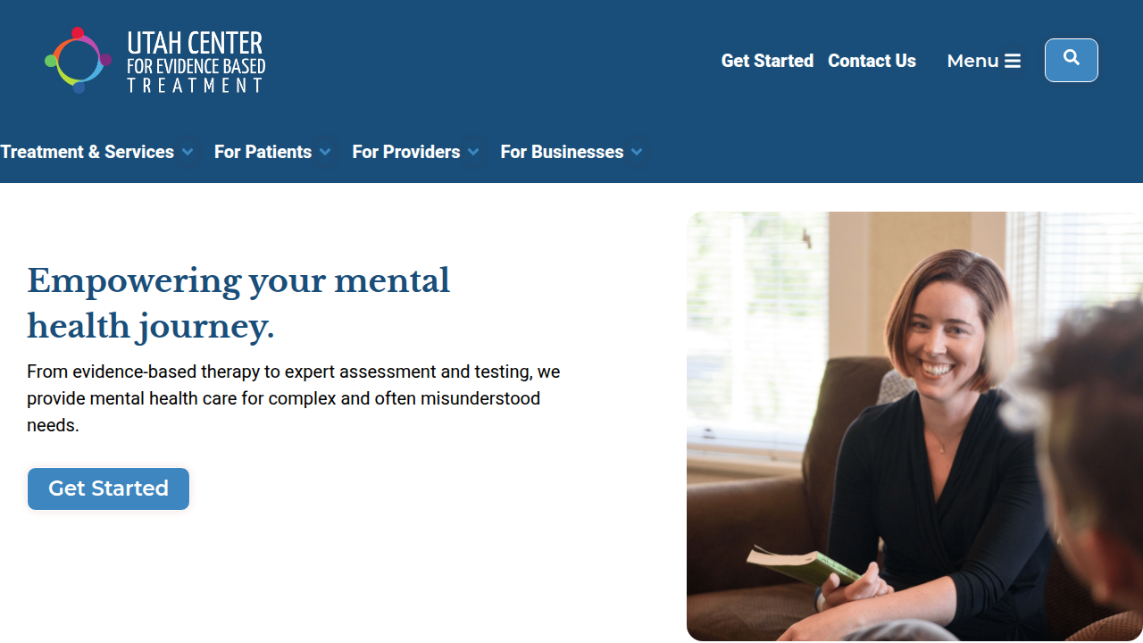 Screenshot of the Utah Center for Evidence Based Treatment (UCEBT) homepage, focusing on therapeutic approaches.