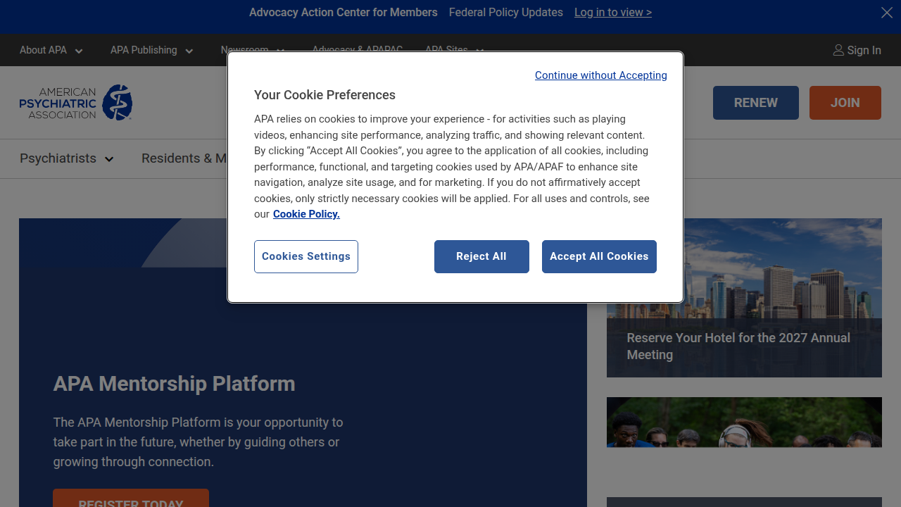 The homepage of the American Psychiatric Association, the publisher of the DSM-5.