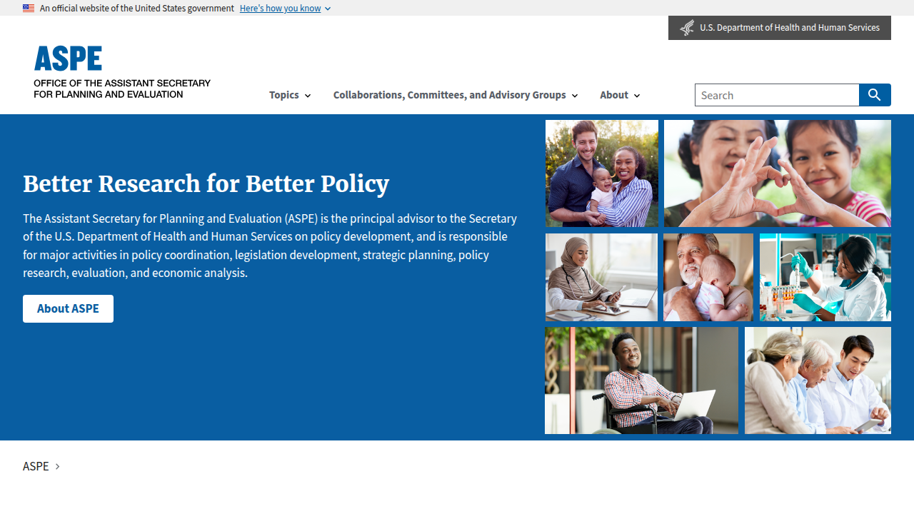 The homepage of ASPE.HHS.gov, a valuable resource for U.S. health policy, research, and data.