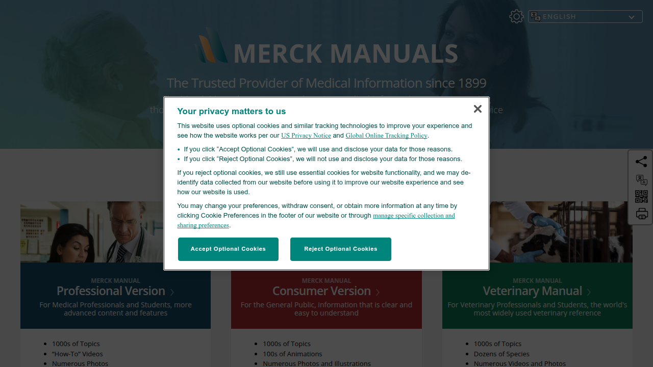 Screenshot of the Merck Manuals Professional Version homepage, a trusted medical resource for understanding conditions like ASPD.