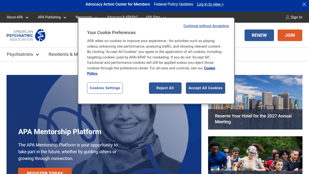 A screenshot of the American Psychiatric Association (Psychiatry.org) homepage, a key resource for mental health professionals and the public.