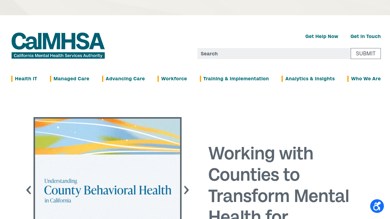 Screenshot of the CalMHSA homepage, an organization dedicated to improving mental health communication and services.