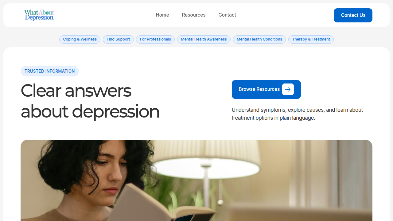 Screenshot of the What About Depression website homepage, a resource for understanding mental health conditions like Antisocial Personality Disorder.