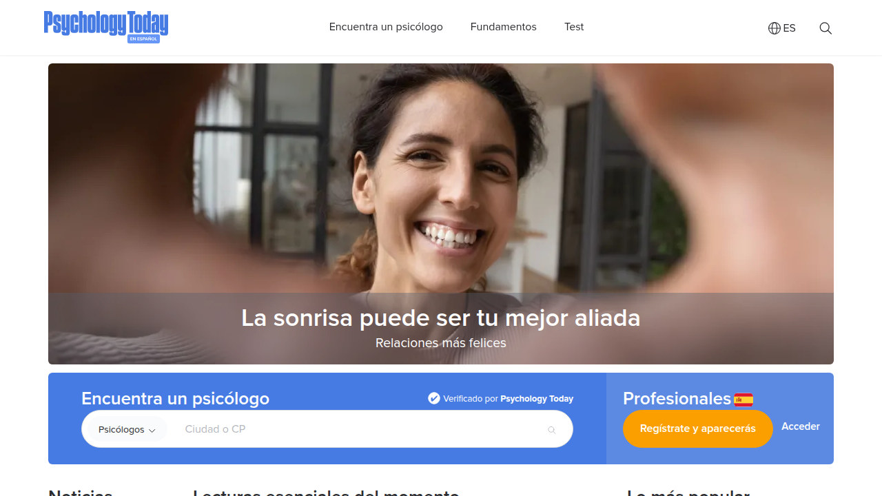 Screenshot of the Psychology Today homepage, a widely recognized platform for psychological information and self-assessments.