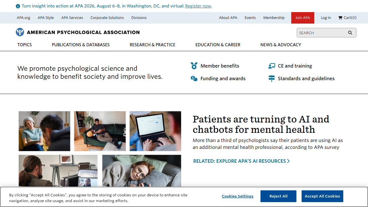 A screenshot of the American Psychological Association (APA) website, a leading resource for psychology.