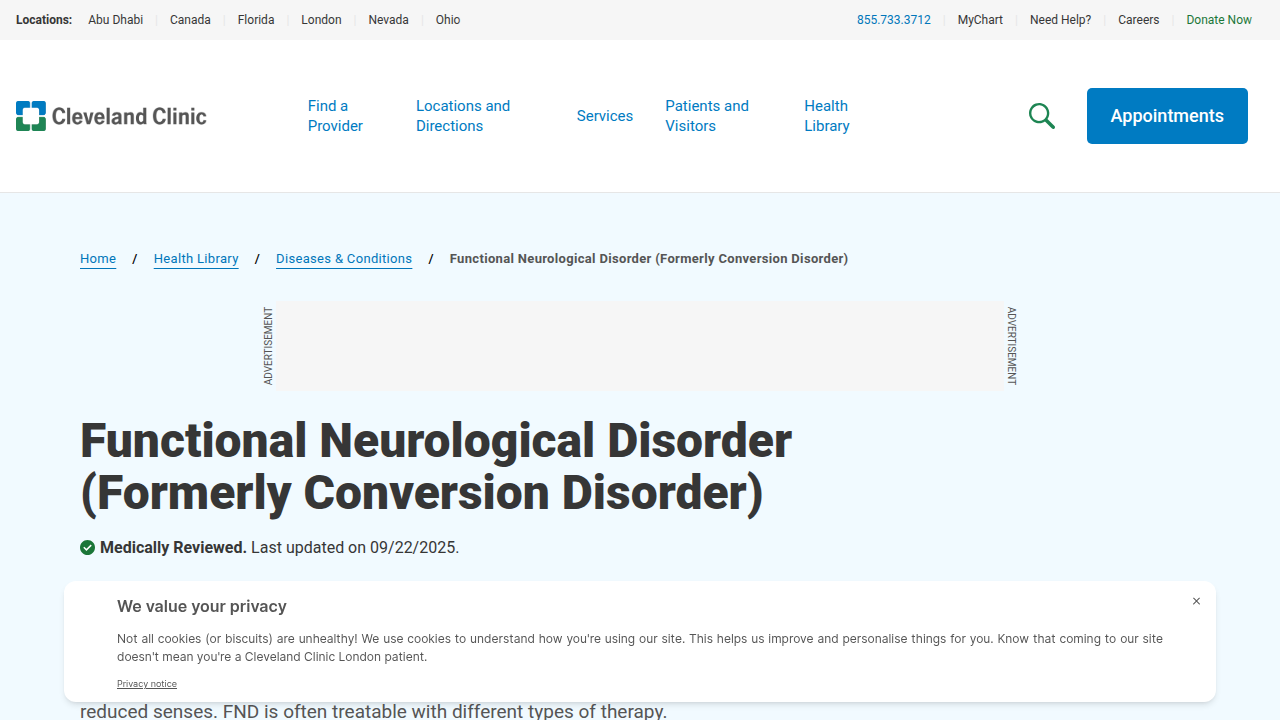 Screenshot of the Cleveland Clinic's detailed article on Conversion Disorder, outlining diagnostic criteria.
