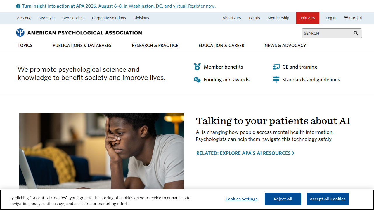 Homepage of the American Psychological Association, a key resource for finding licensed mental health professionals.