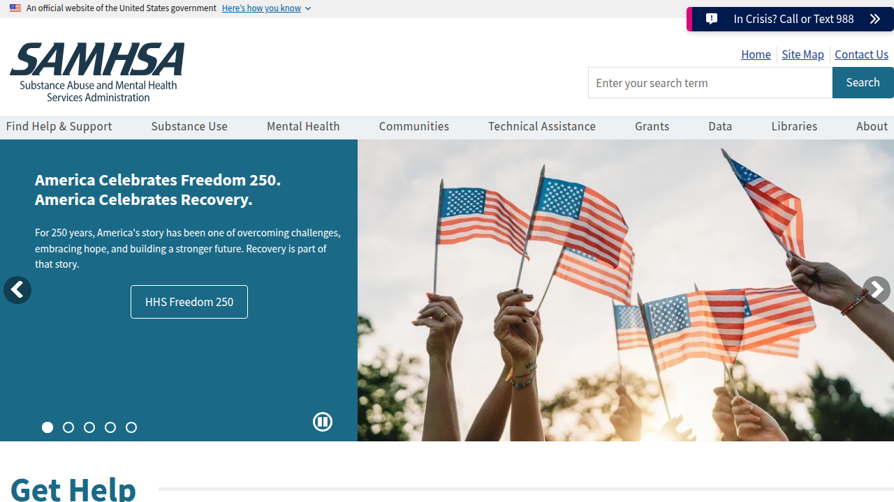 Homepage of the Substance Abuse and Mental Health Services Administration (SAMHSA), offering treatment type guidance.