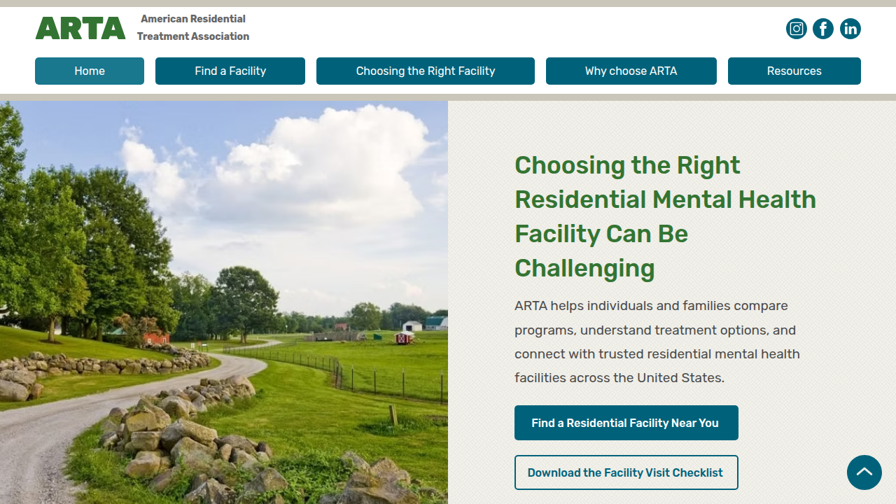 The homepage for the American Residential Treatment Association (ARTA), outlining various residential program types.