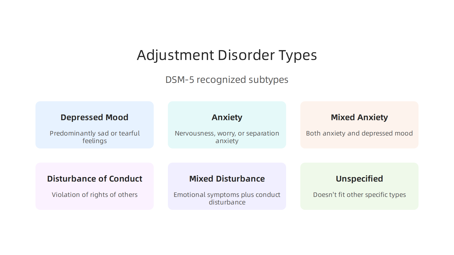 The six recognized subtypes of adjustment disorder, categorized by their predominant symptoms according to the DSM-5.