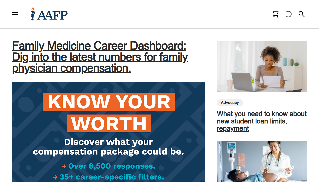 Screenshot of the American Academy of Family Physicians (AAFP) homepage, providing clinical guidelines for medical treatments.