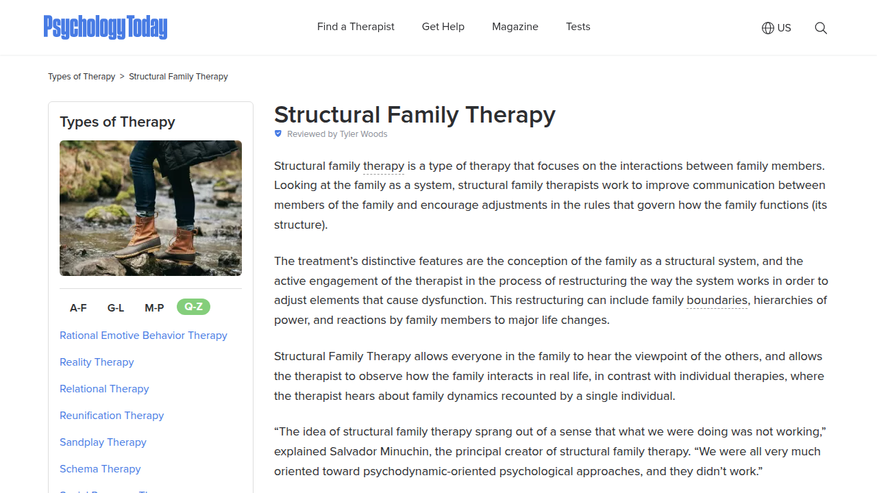 Screenshot of the Psychology Today page detailing Structural Family Therapy, a key resource for understanding this approach.