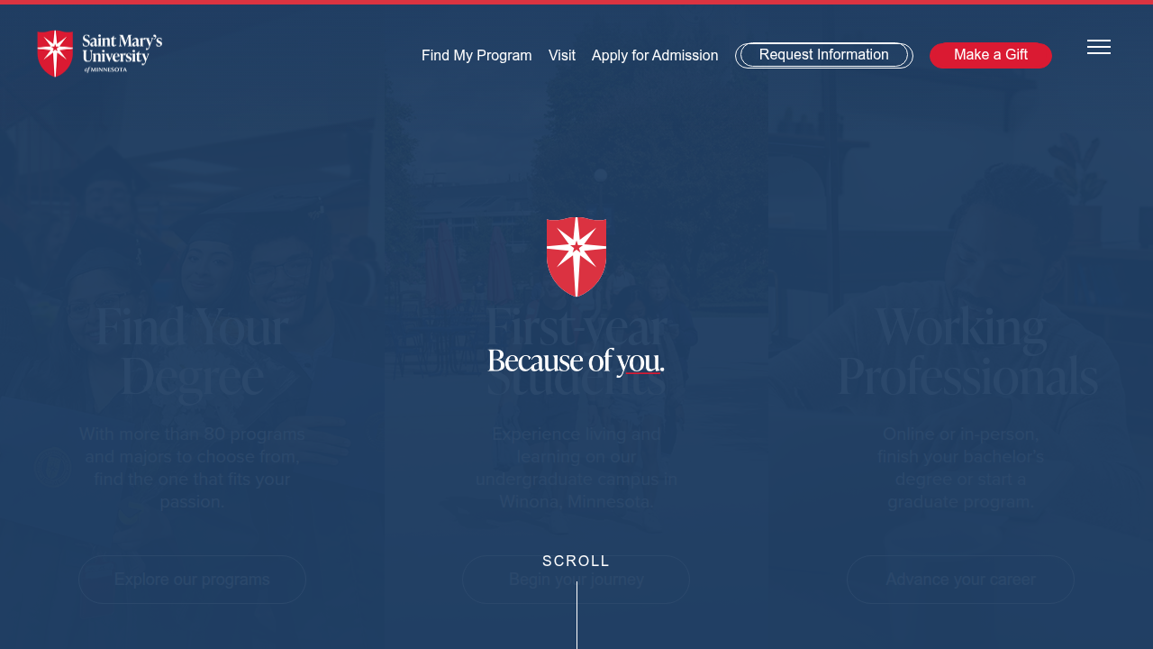 Screenshot of Saint Mary's University of Minnesota homepage, a resource for academic insights into therapy.