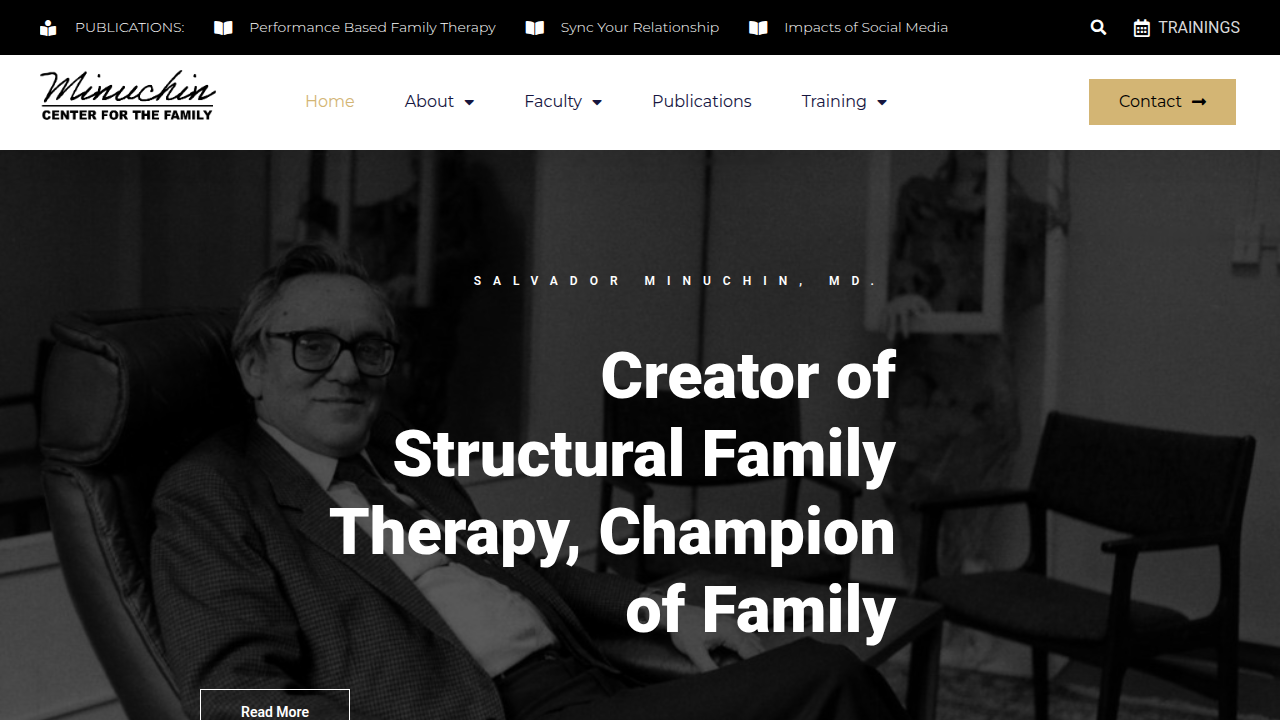 Screenshot of the Minuchin Center For The Family homepage, renowned for its SFT training programs.
