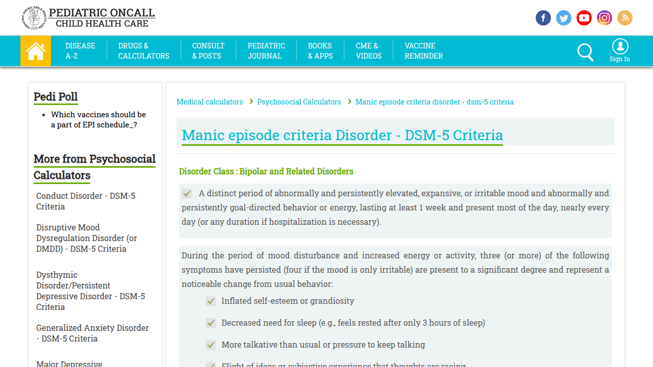 An online medical calculator for DSM-5 manic episode criteria, used by professionals for diagnosis.