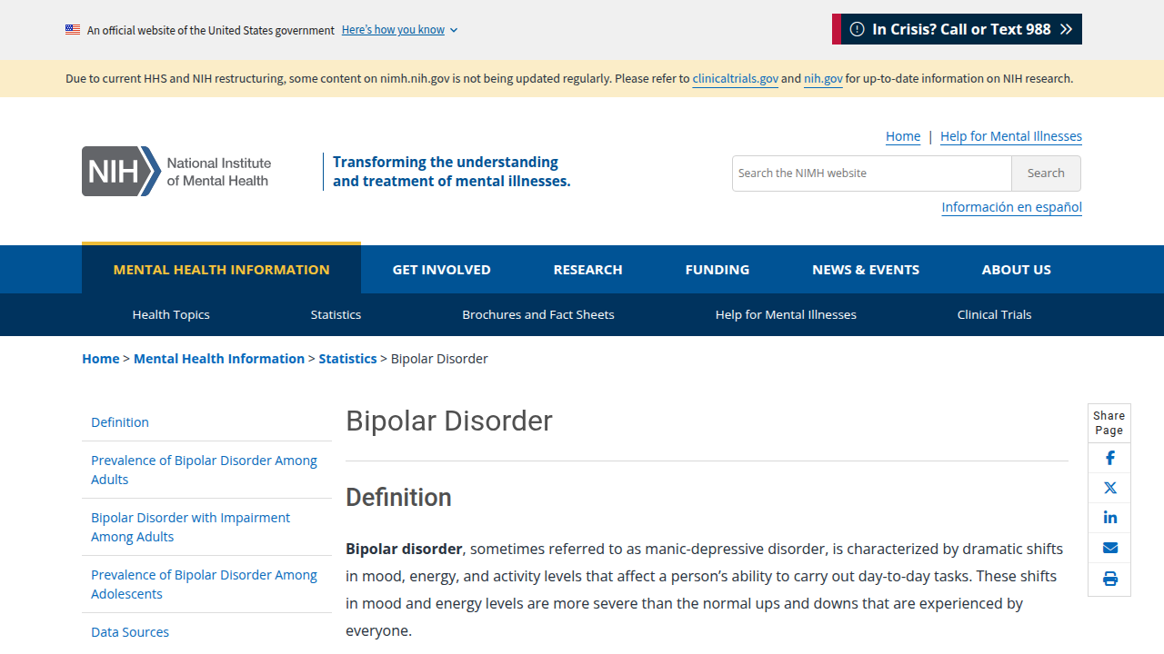 The National Institute of Mental Health (NIMH) provides statistics on bipolar disorder prevalence in the U.S.