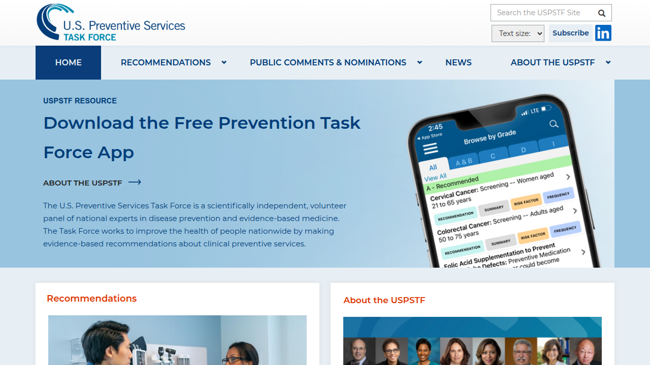 A screenshot of the U.S. Preventive Services Task Force website, providing evidence-based recommendations for clinical preventive services.