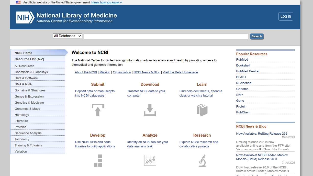Screenshot of the National Center for Biotechnology Information homepage, a key resource for medical and scientific research.