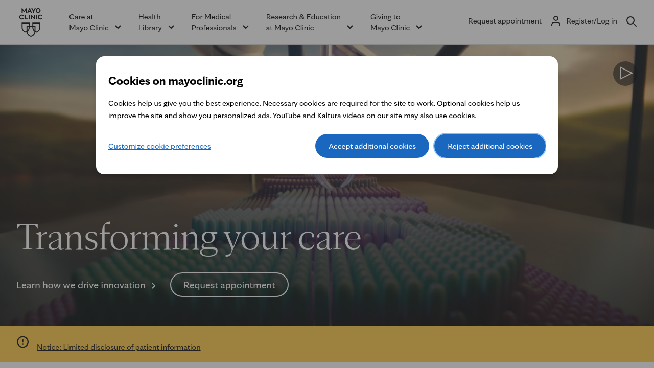 Screenshot of the Mayo Clinic homepage, a reputable source for medical information on various health conditions, including panic attacks.