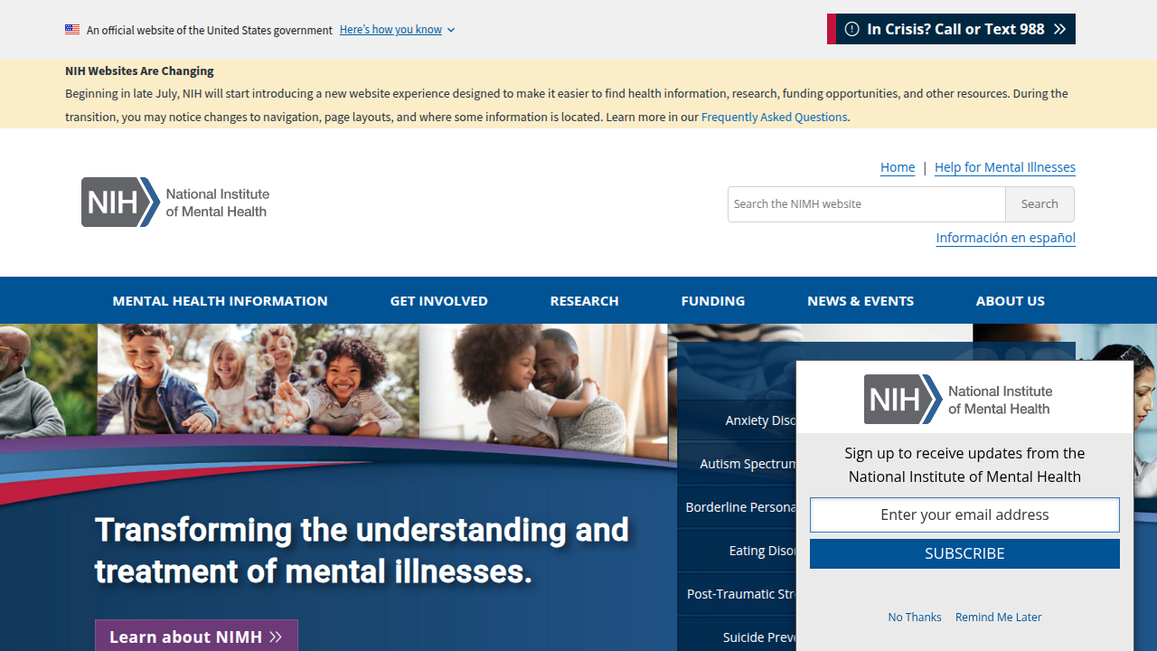 Screenshot of the National Institute of Mental Health (NIMH) homepage, providing research and information on mental disorders.